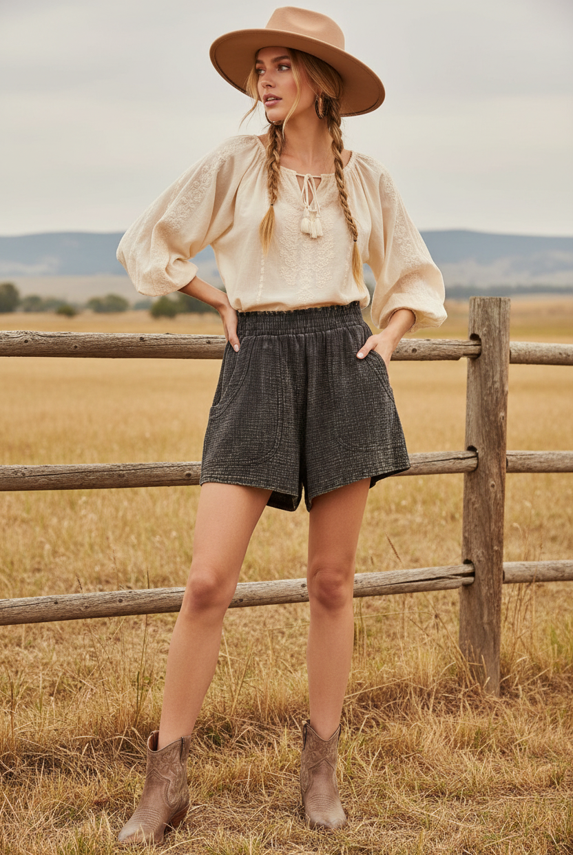 Ash black textured shorts with smocked waistband and western boho ranch background
