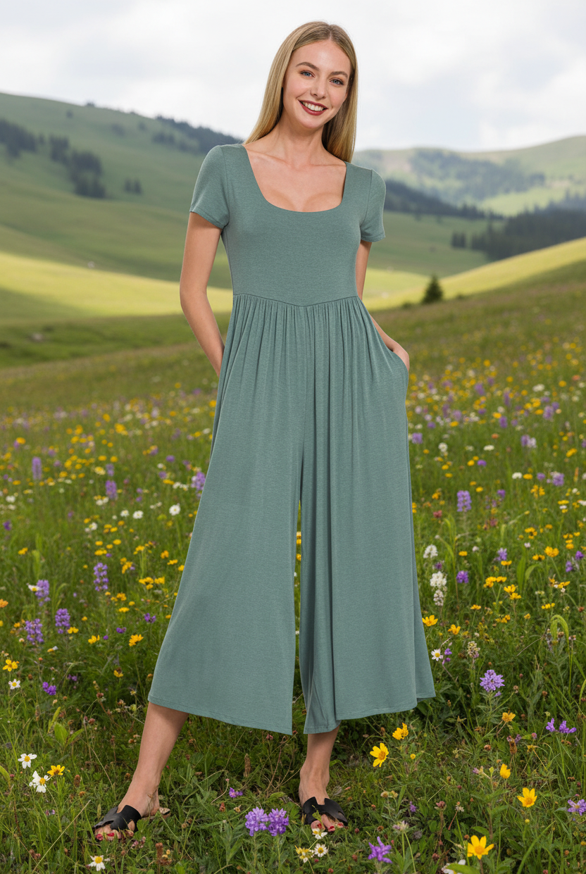 Ash jade green short sleeve jumpsuit with mountain meadow background