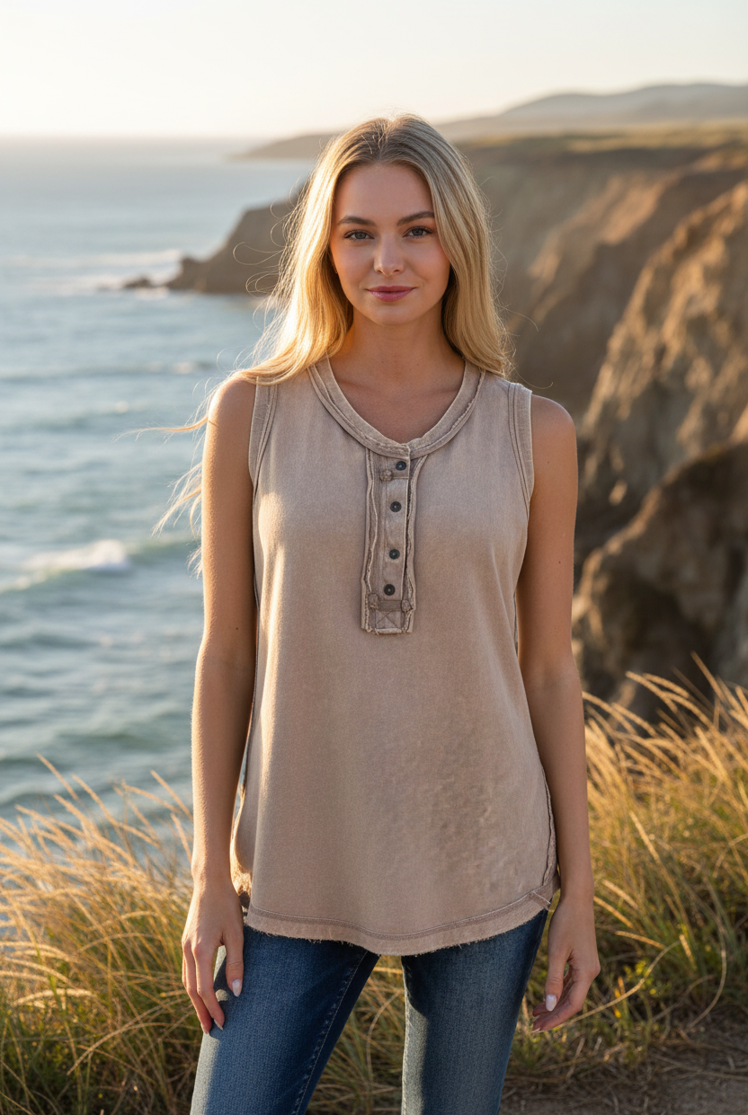 Ash mocha henley tank top with coastal cliff background