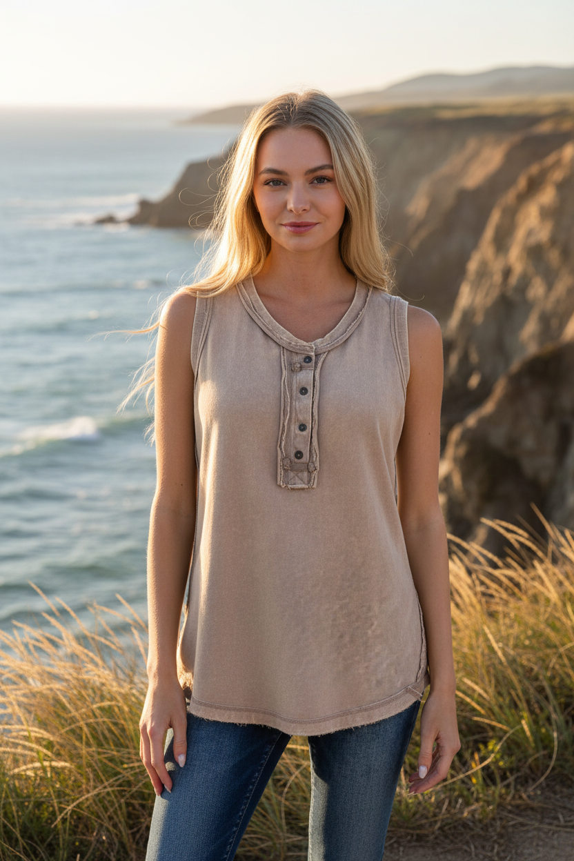 Ash mocha henley tank top with coastal cliff background