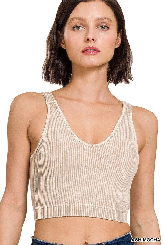 BECKY WASHED RIBBED CROPPED BRA PADDED TANK TOP S-XL - West End Boutique