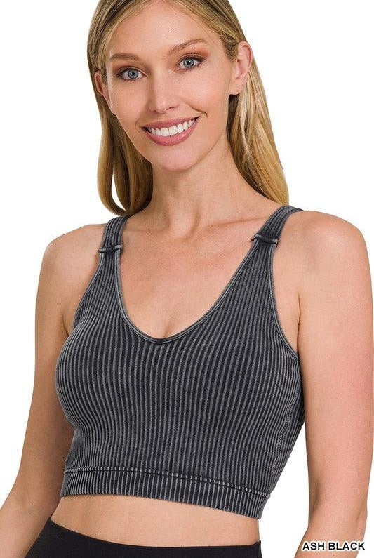 BECKY WASHED RIBBED CROPPED BRA PADDED TANK TOP S-XL - West End Boutique