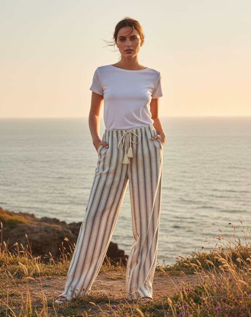 Beige and grey striped wide leg pants with coastal cliff background