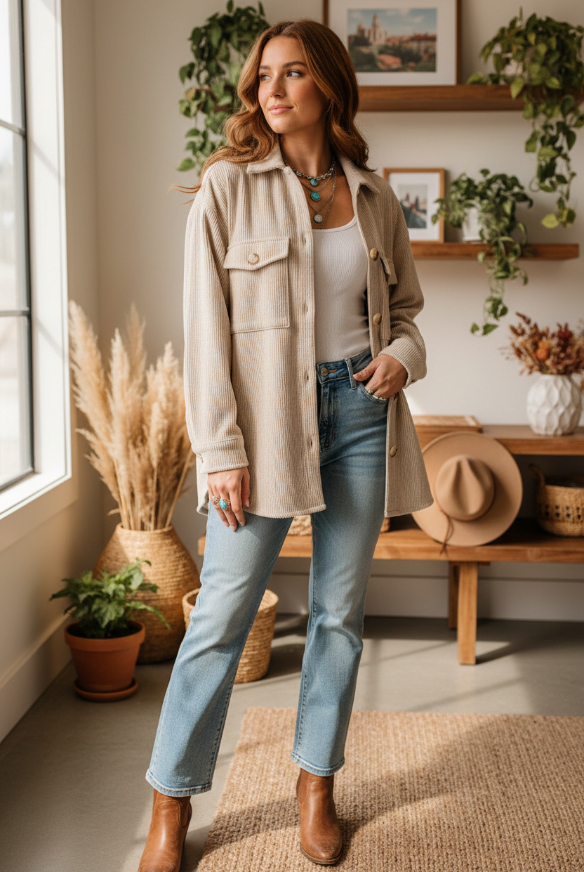 Beige corduroy shacket on model with interior background