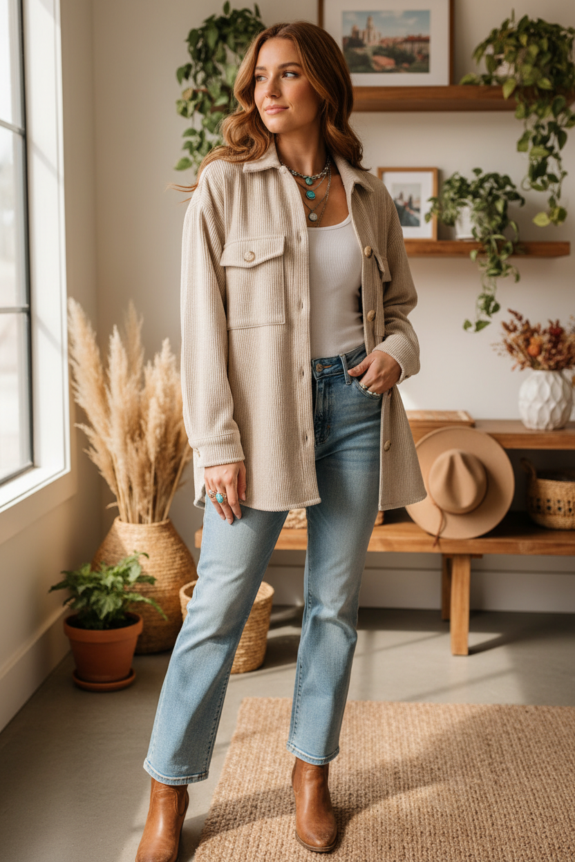Beige corduroy shacket on model with interior background