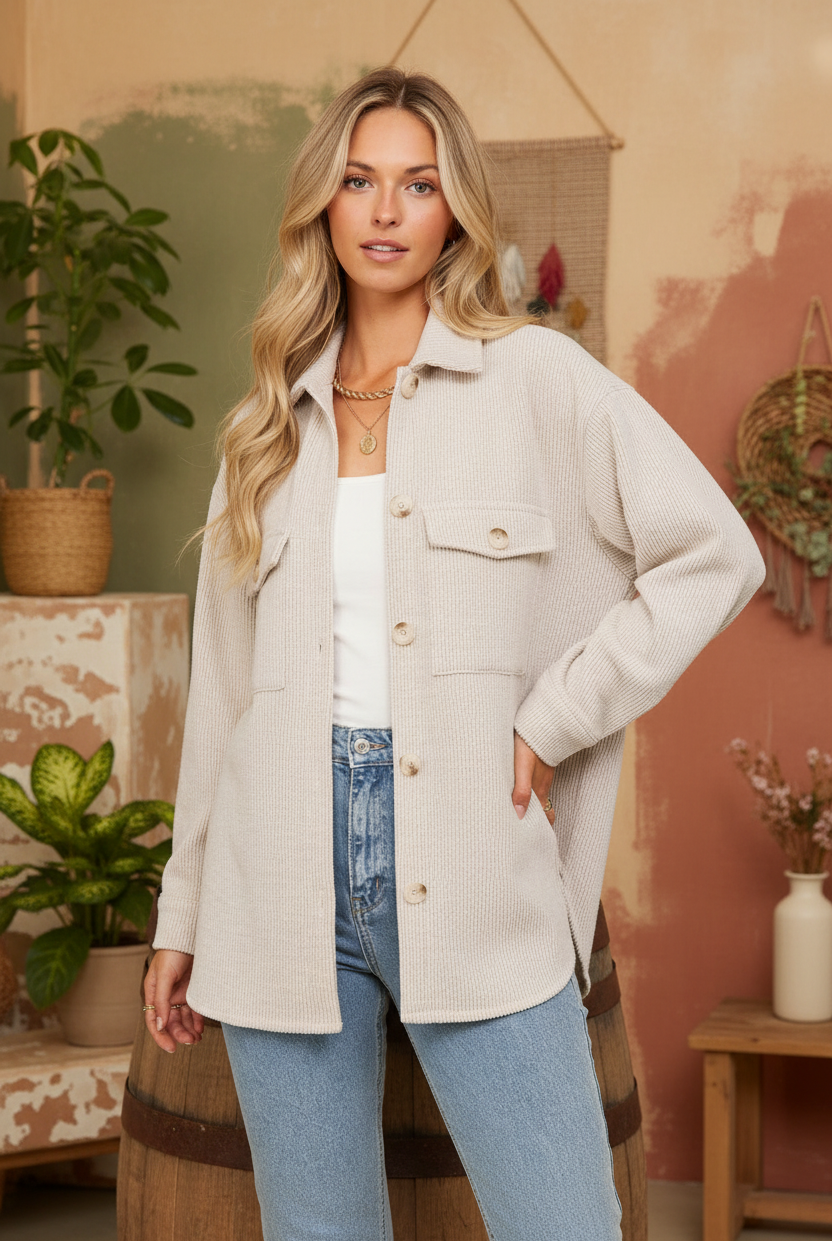Beige corduroy shacket on model with styled background