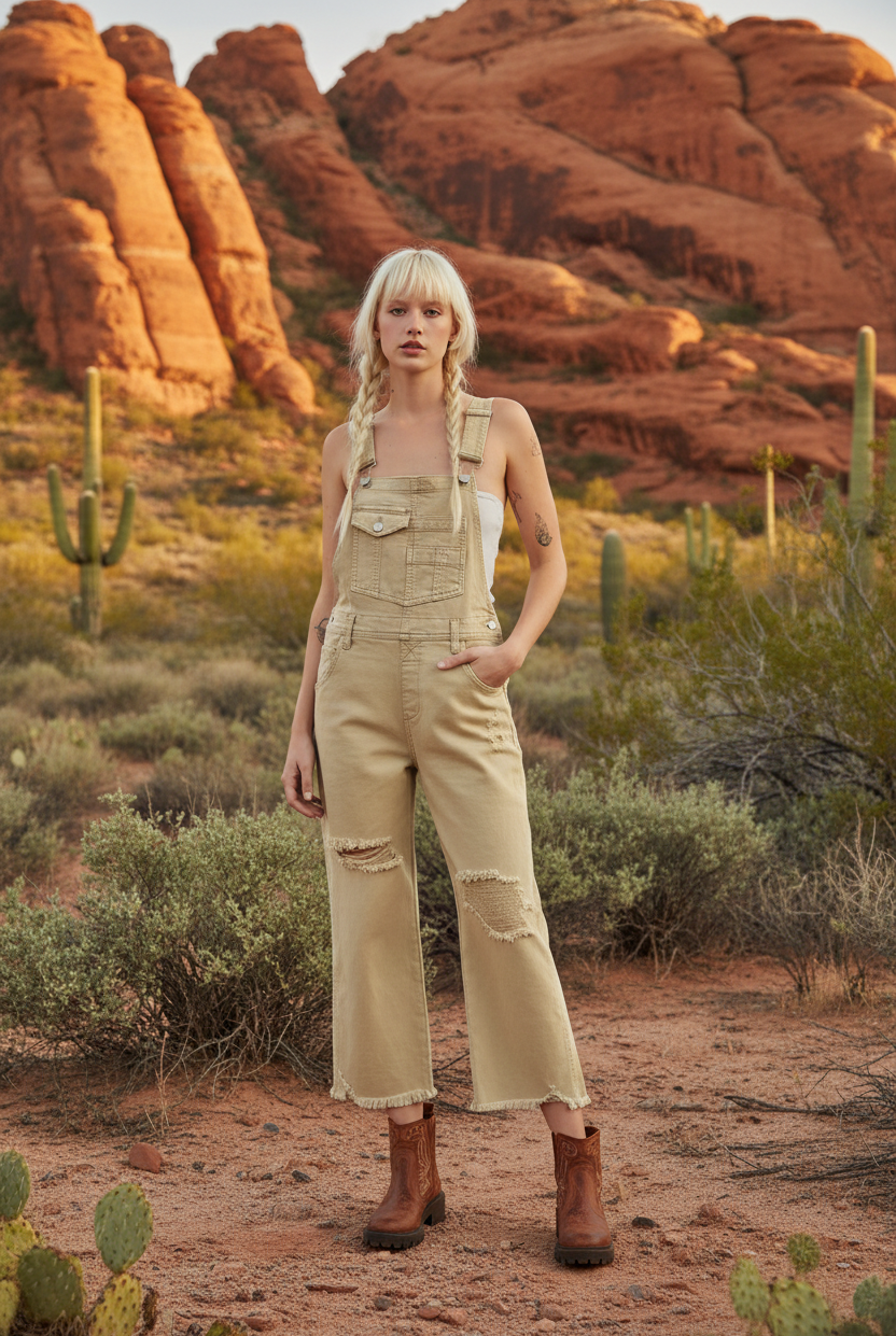 Beige distressed denim overalls with western boho desert background
