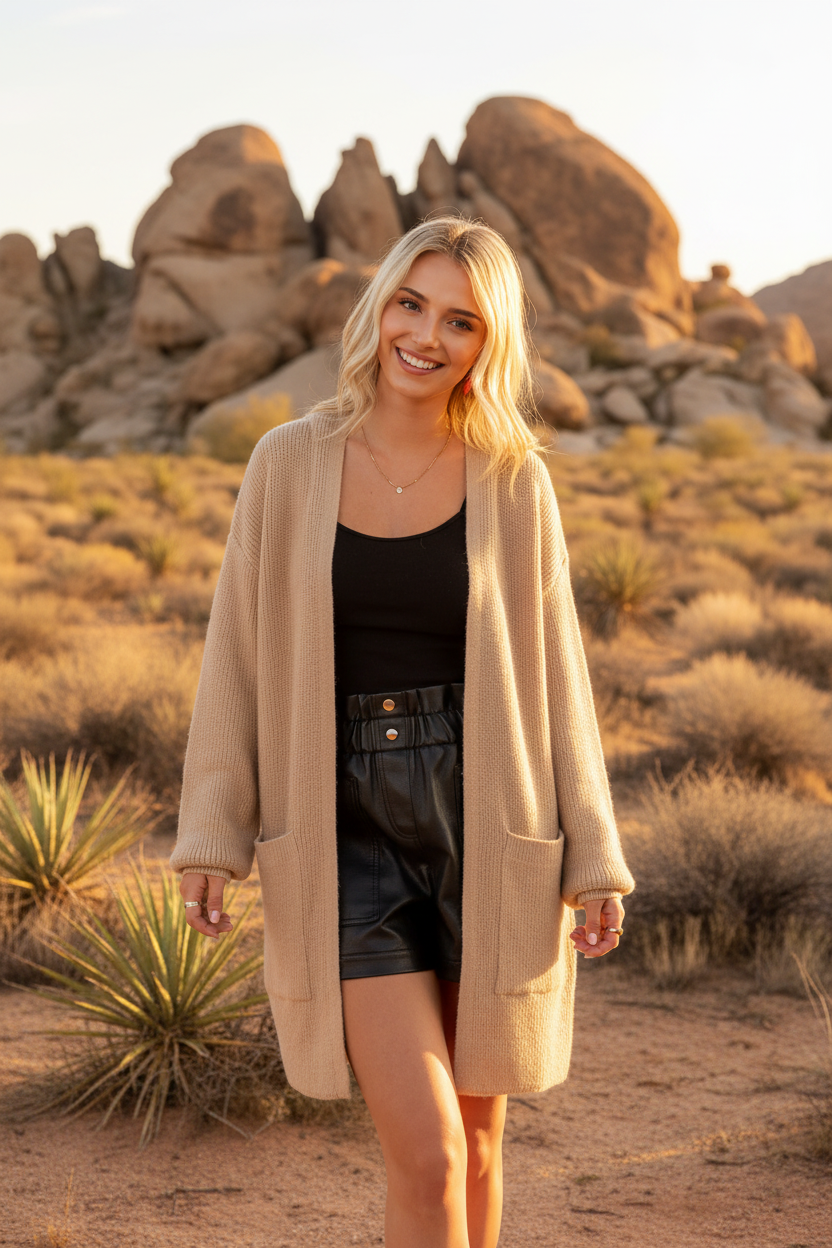 Beige ribbed knit cardigan with desert landscape