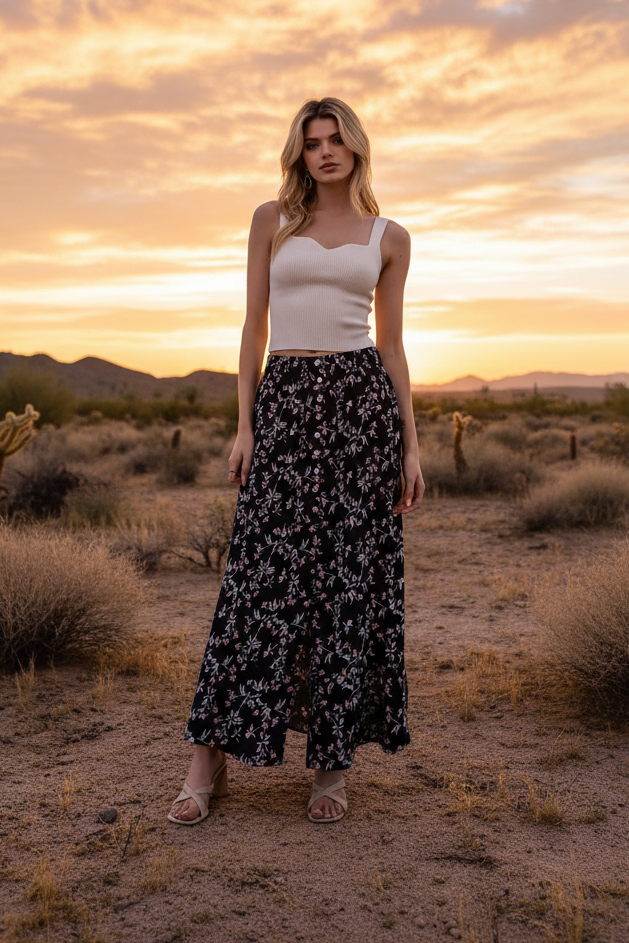 Black and white floral print maxi skirt with desert sunset landscape