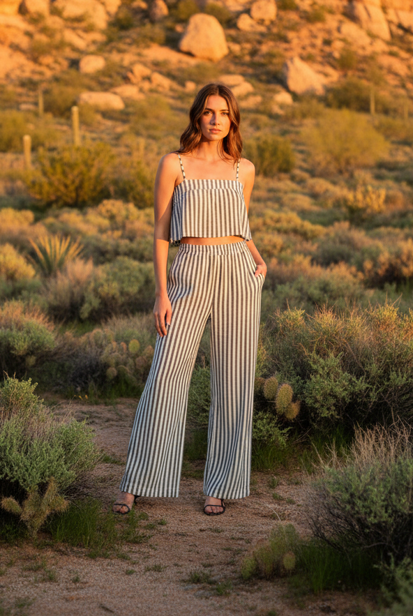 Black and white striped wide-leg pants with desert landscape