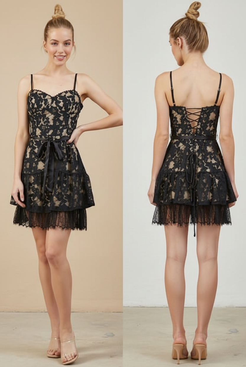 Black lace dress with fringe on model