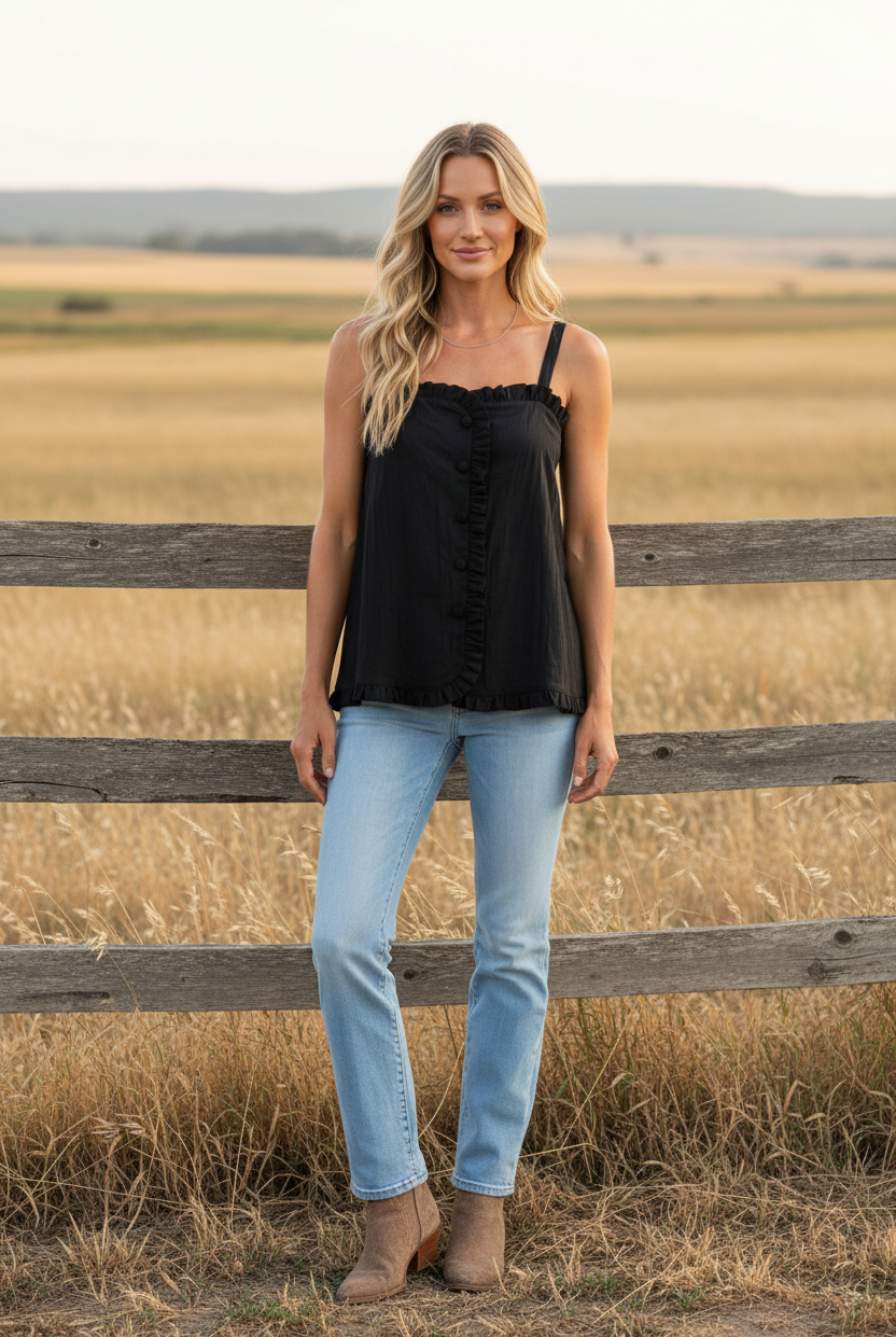 Black ruffle trim cami top with western boho ranch background