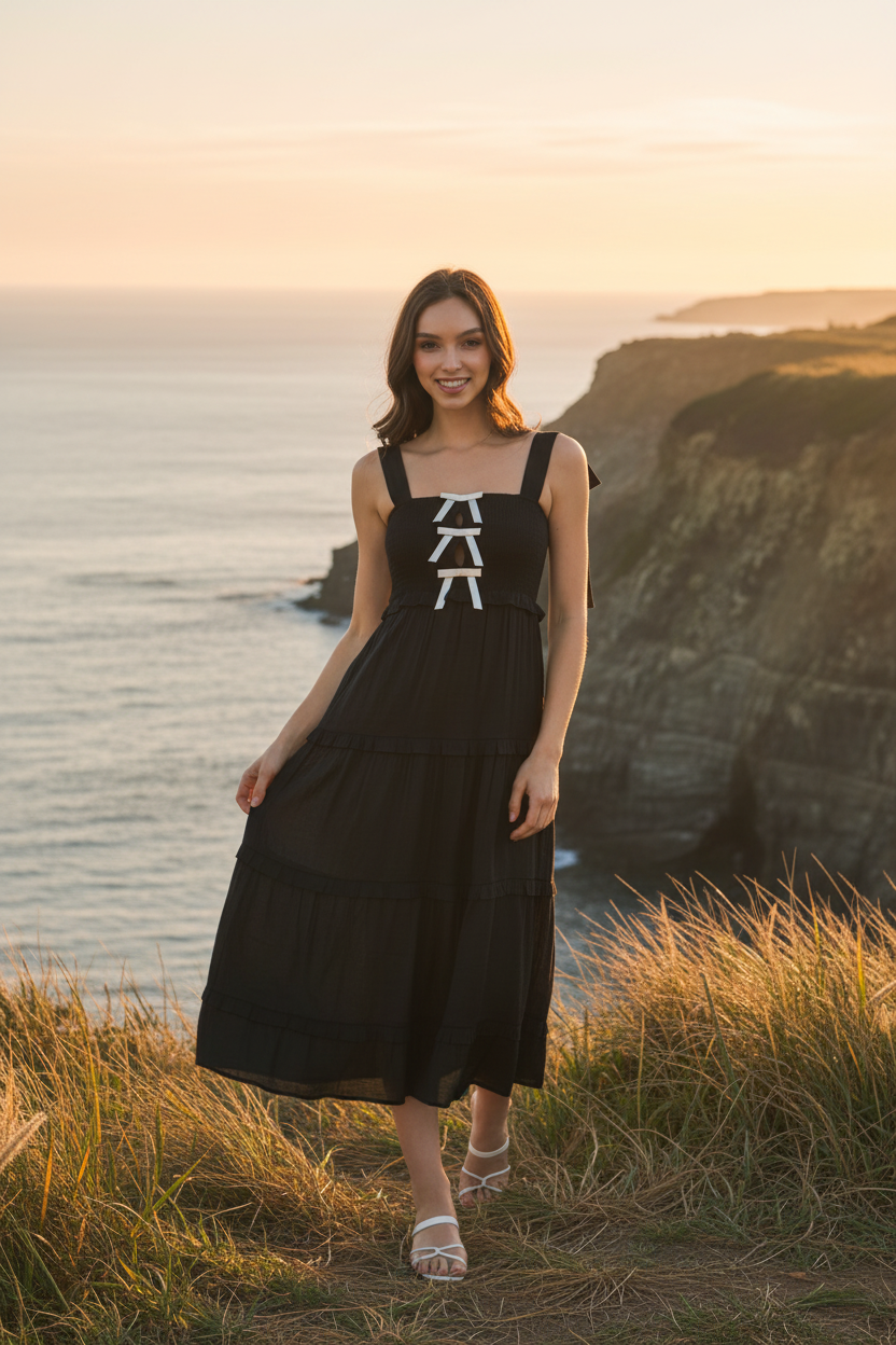 Black tiered midi dress with white bow details and coastal cliff background