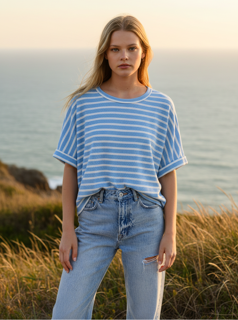 Blue and white striped oversized tee with coastal cliff background