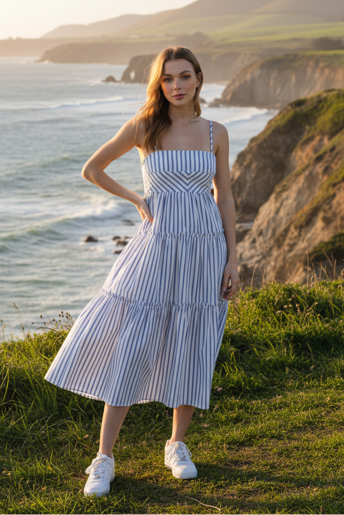 Blue and white striped tiered midi dress with coastal cliff background