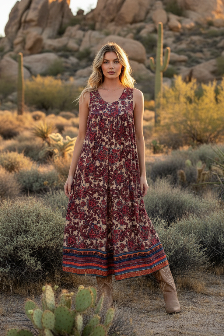 Burgundy paisley midi dress with desert landscape