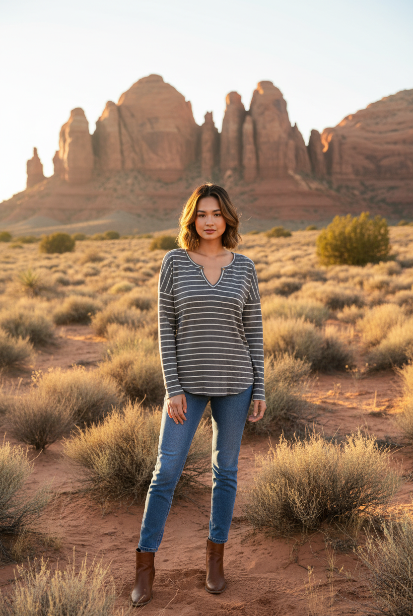 Charcoal gray and white striped fitted long sleeve top with desert landscape