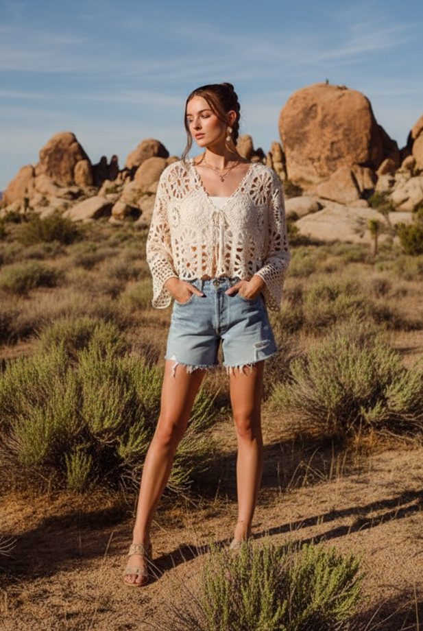 Cream crochet cardigan with denim shorts and desert landscape