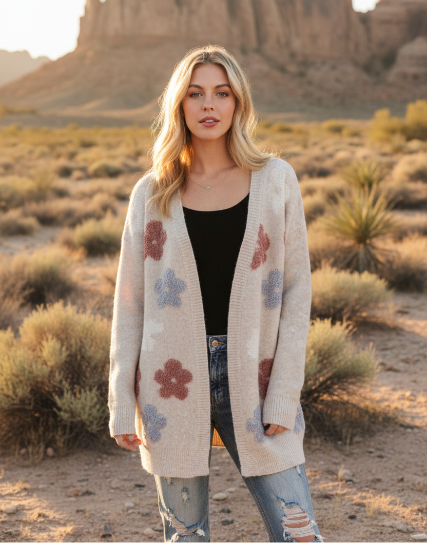 Cream floral embroidered cardigan with desert landscape