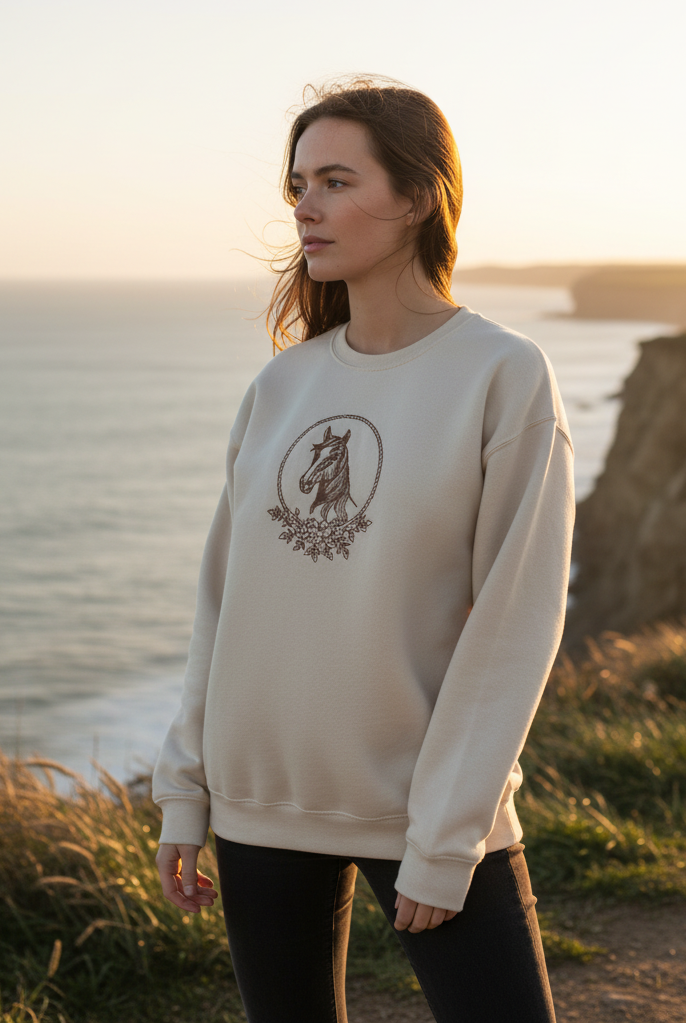 Cream sweatshirt with horse graphic and coastal cliff background - closer view