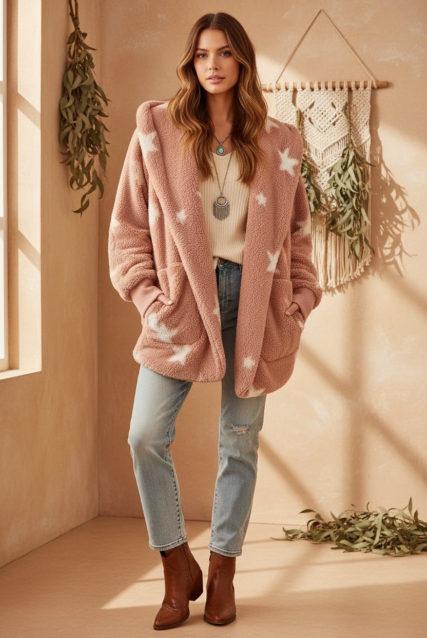 Dusty pink fuzzy sherpa jacket on model - new version