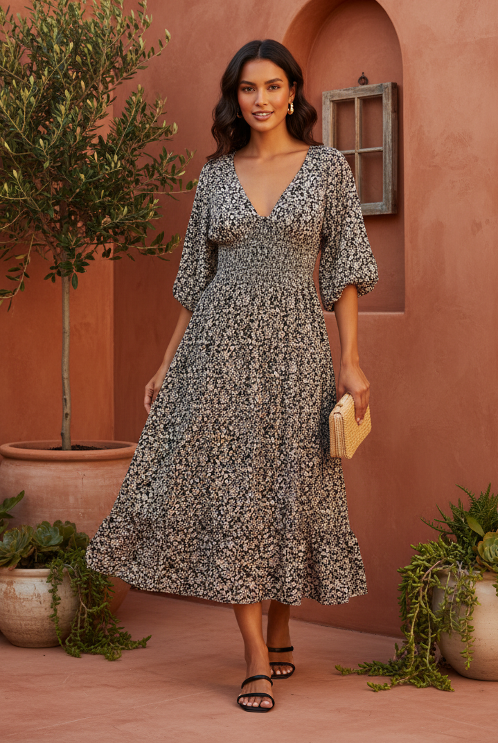 Floral midi dress with terracotta backdrop