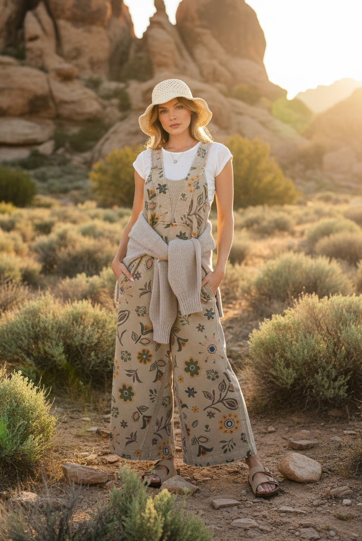 Floral print overalls with desert landscape