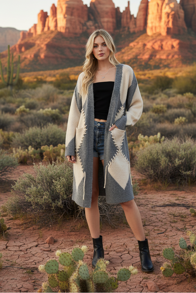 Gray and cream colorblock cardigan with desert landscape