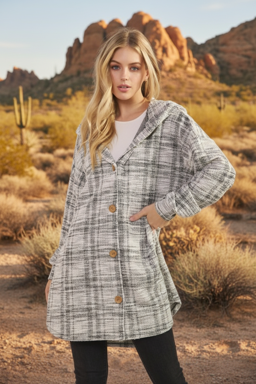 Gray and cream plaid shacket with desert landscape