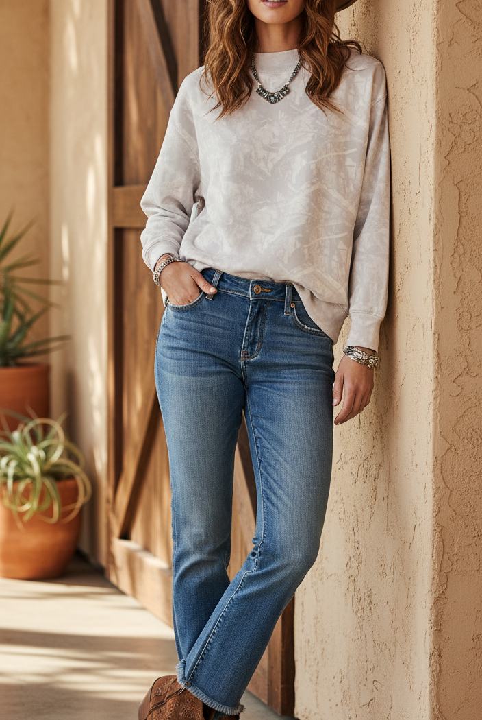 Gray camo sweatshirt on model - neckline corrected