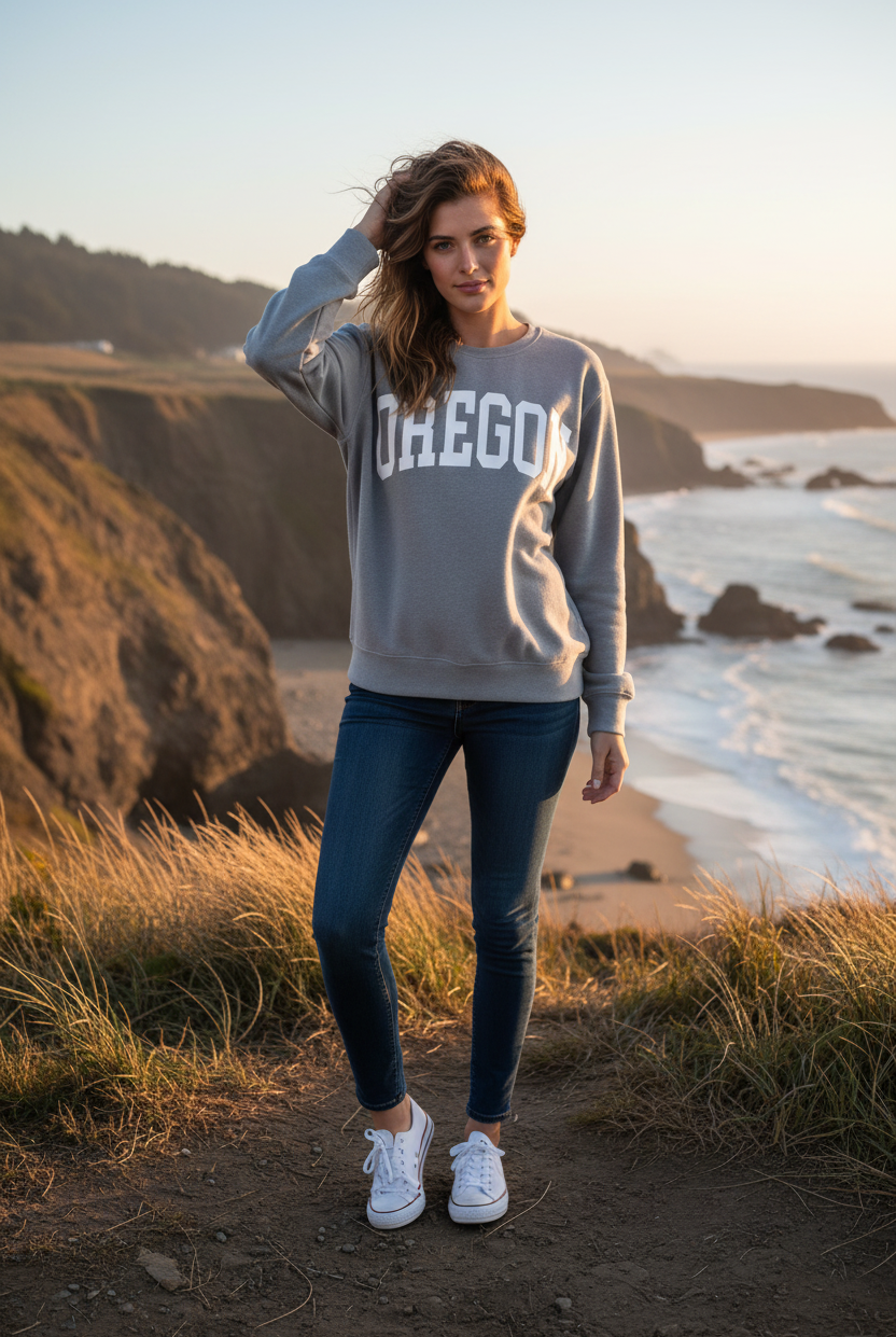 Gray sweatshirt with "OREGON" graphic and coastal cliff background