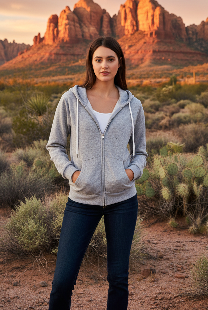 Gray zip-up hoodie with desert landscape