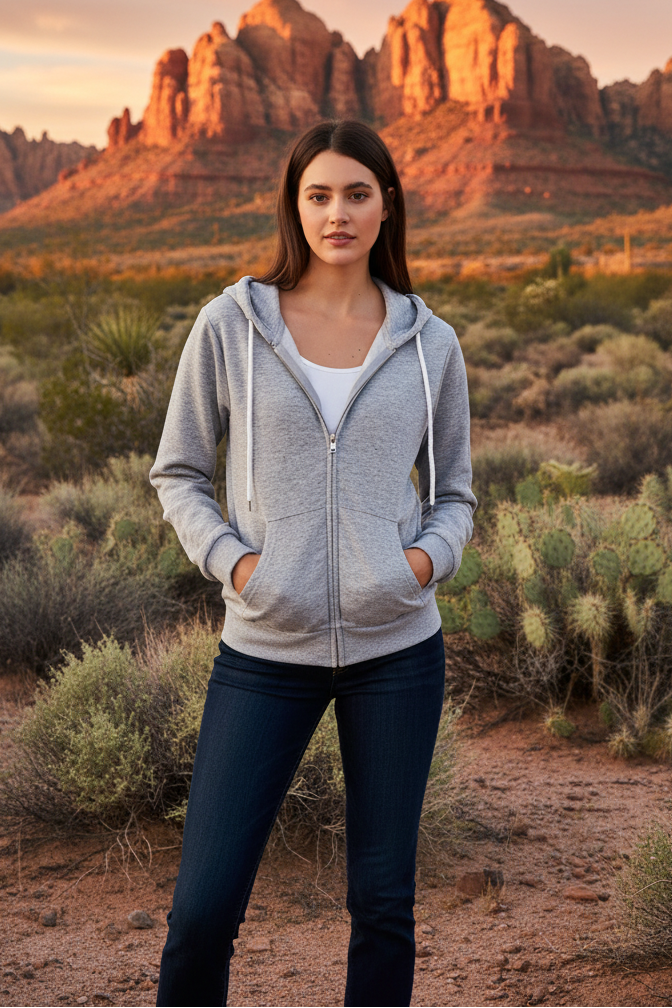 Gray zip-up hoodie with desert landscape