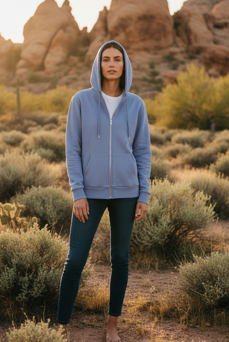 Iris blue zip-up hoodie with desert landscape