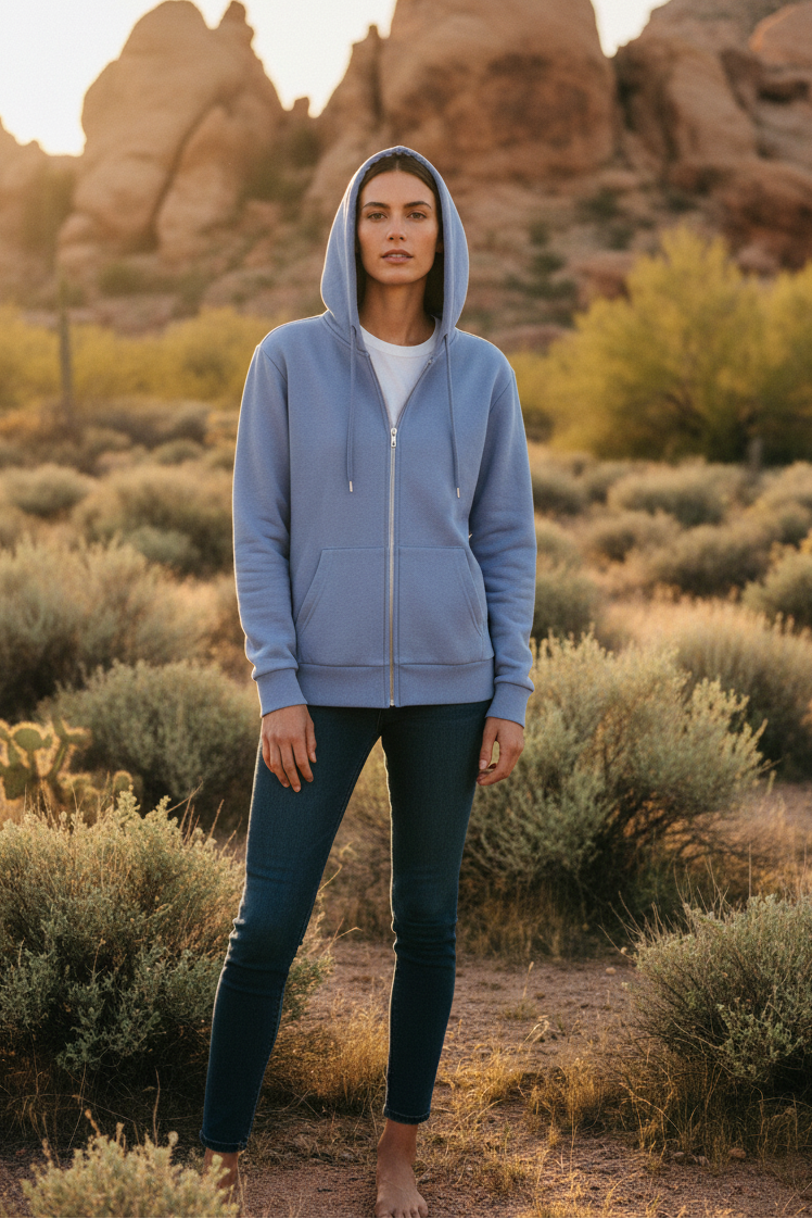 Iris blue zip-up hoodie with desert landscape