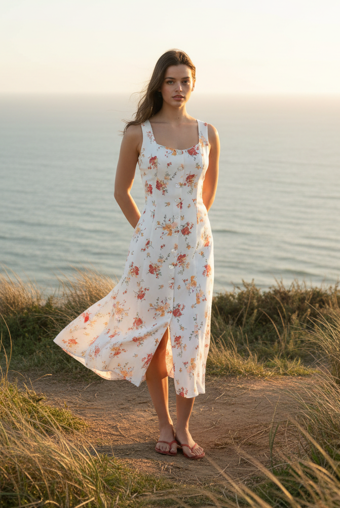 Ivory floral midi dress with coastal cliff background