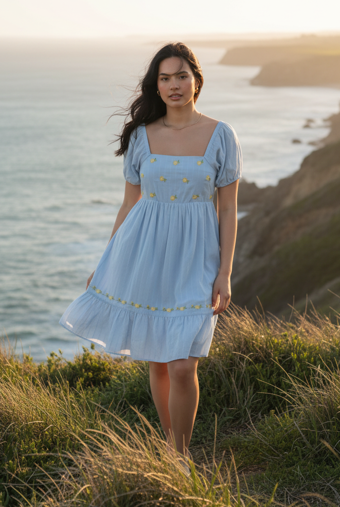 Light blue floral embroidered dress with coastal cliff background