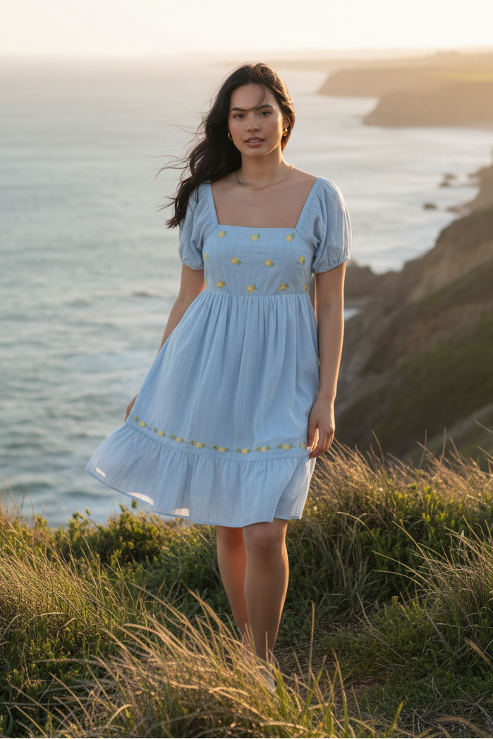 Light blue floral embroidered dress with coastal cliff background