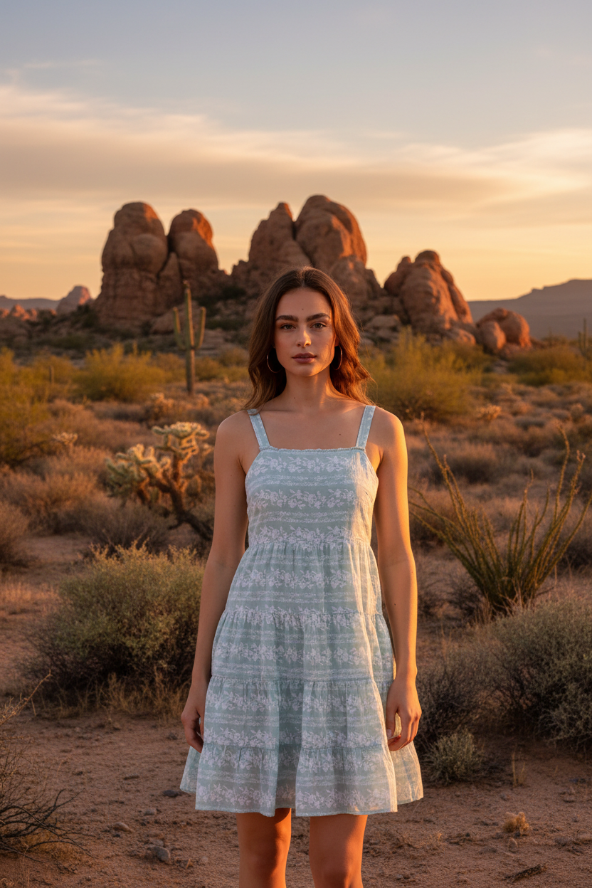 Light blue floral tiered mini dress with centered model and desert landscape