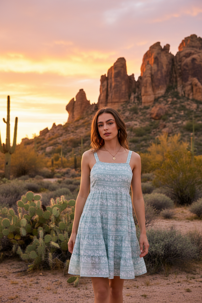 Light blue floral tiered mini dress with desert sunset landscape
