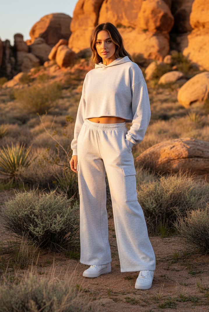 Light gray cargo pants with desert landscape