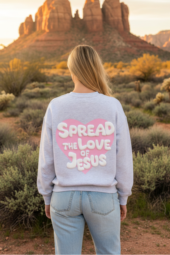 Light gray sweatshirt with Spread The Love Of Jesus back graphic and desert landscape