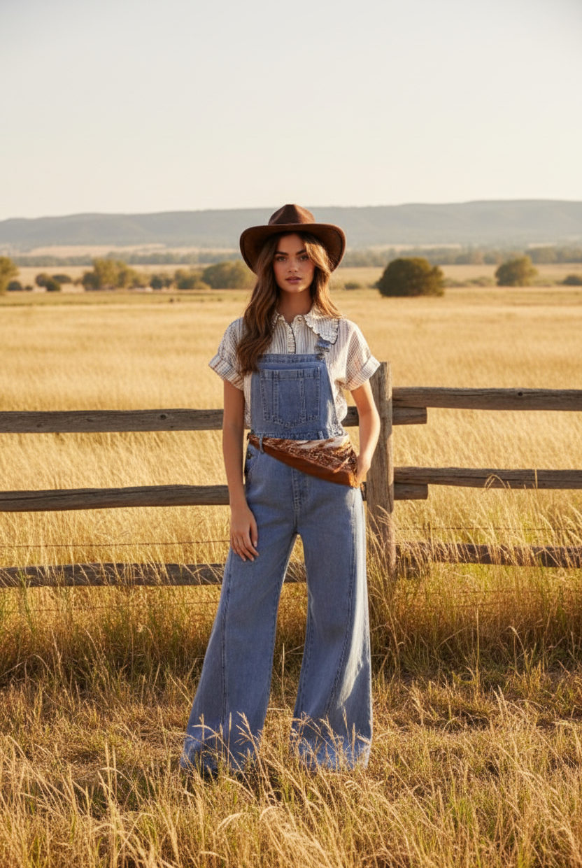 Light wash denim overalls with wide leg and western boho ranch background - alternate version
