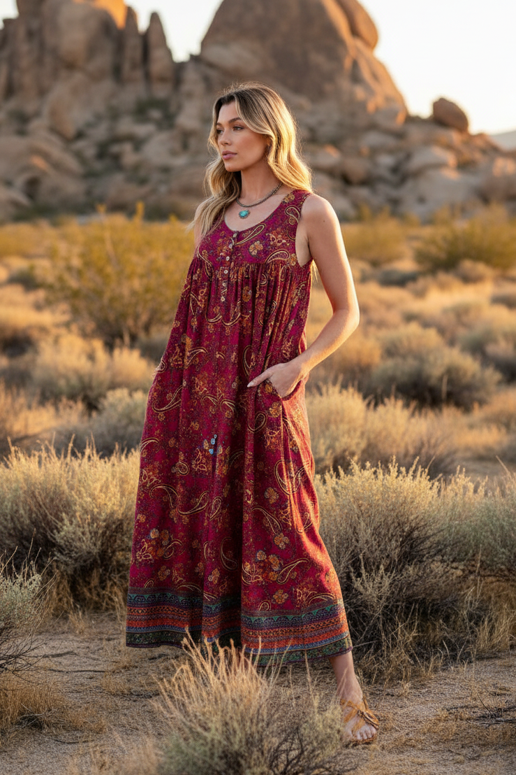 Magenta paisley midi dress with desert landscape