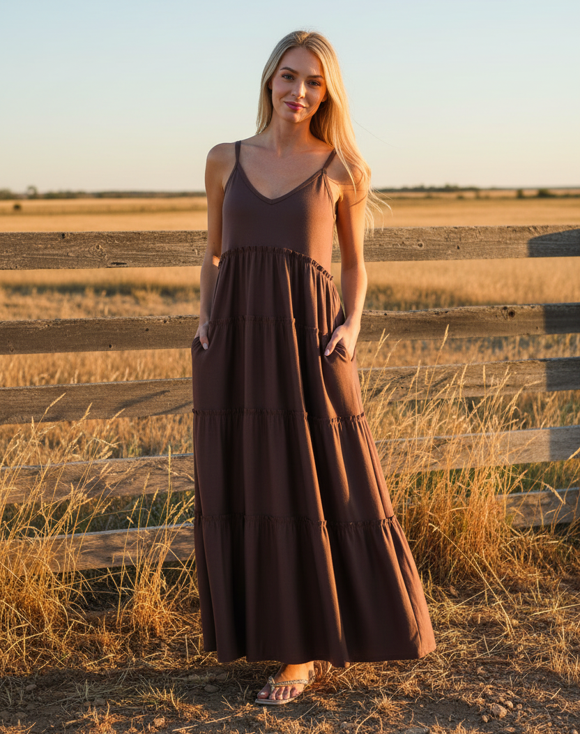 Mahogany tiered maxi cami dress with western boho ranch background