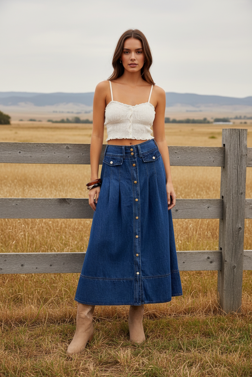 Medium wash denim midi skirt with button front and western boho ranch background