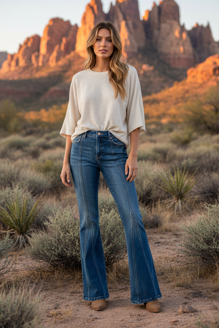Medium wash flare jeans with contrast stitching and desert landscape