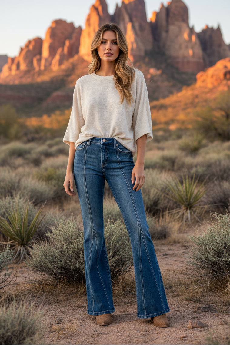 Medium wash flare jeans with contrast stitching and desert landscape