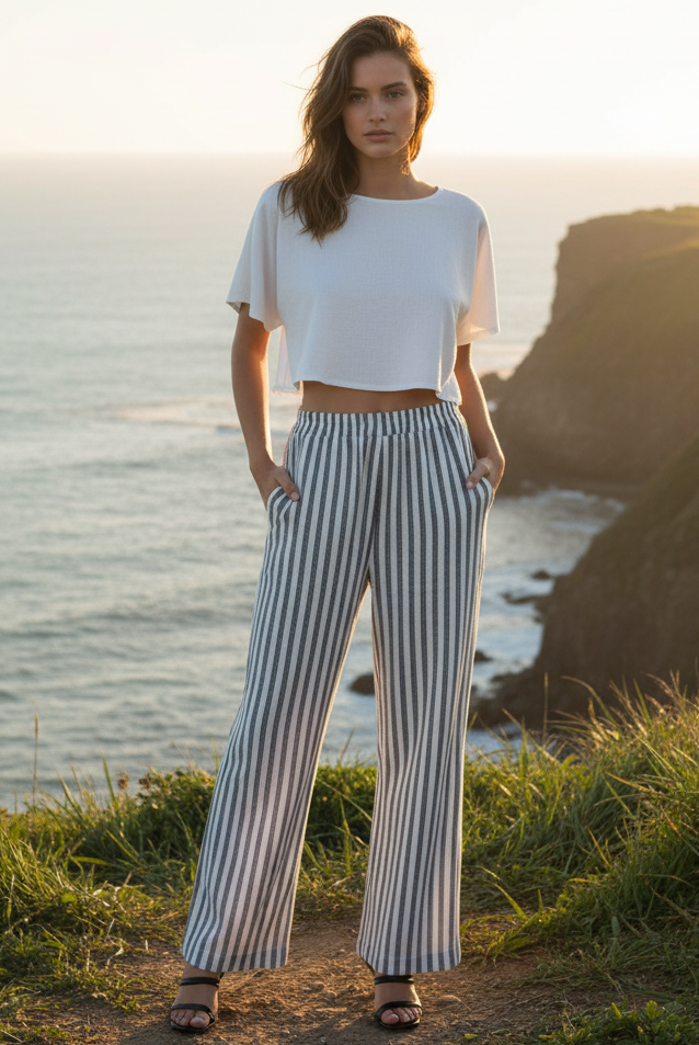 Navy and white striped wide leg pants with coastal cliff background - front view
