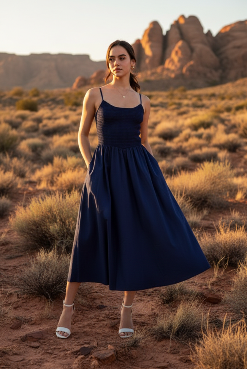 Navy blue midi dress with desert landscape